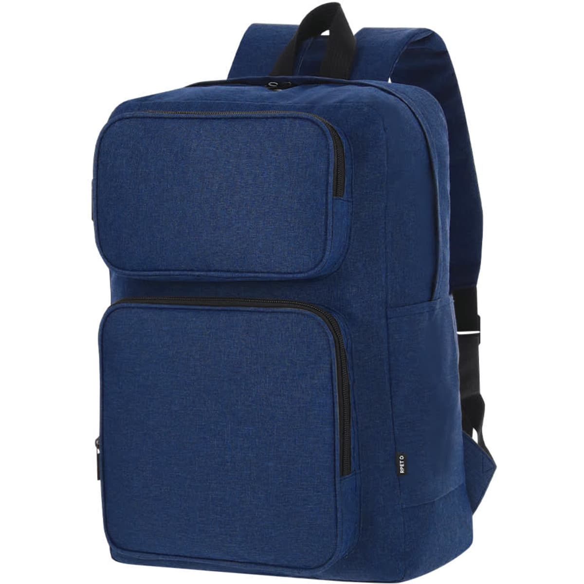 A navy blue backpack with multiple zippered pockets and adjustable straps. It features a logo on the front.