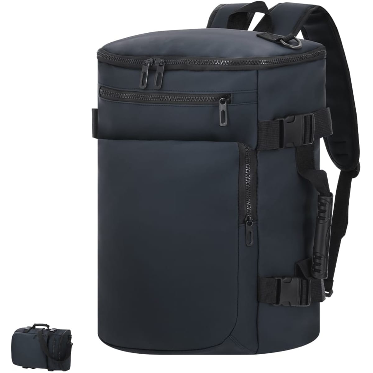 A dark blue Rigan backpack with multiple zippered compartments and adjustable straps. Features a compact design.