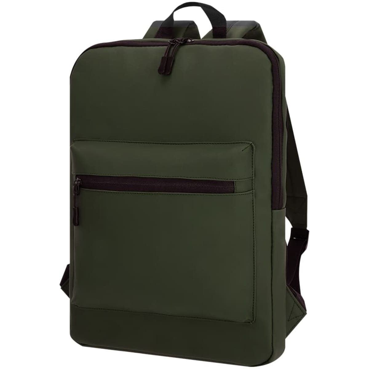 An olive green backpack with a front zippered pocket and adjustable straps, featuring a branding logo.