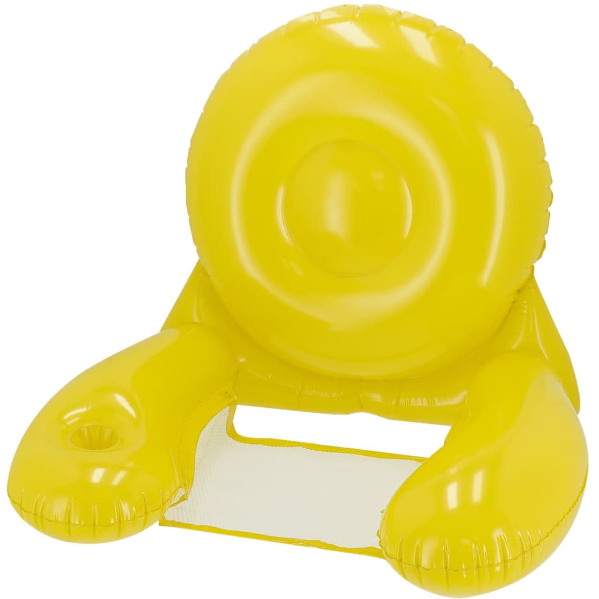 A yellow inflatable lounge with armrests, featuring a circular shape and a transparent seating area.