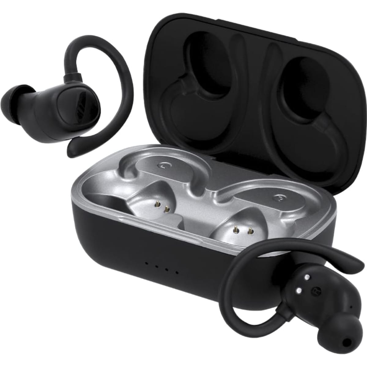 Wireless headphones in black with a charging case, featuring an ergonomic design and a logo on the case.