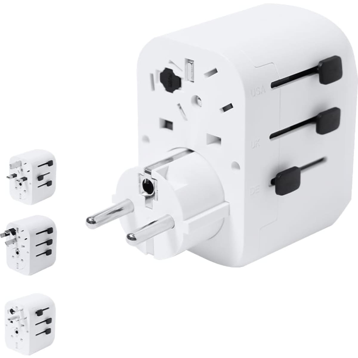A white travel adapter with multiple plug configurations, featuring a compact design and a branding logo.