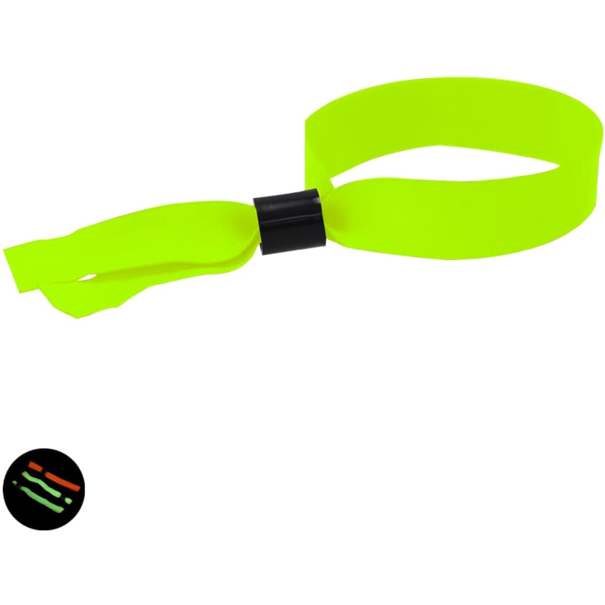 A bright green wristband with a black clasp. It features a smooth texture and a simple design.