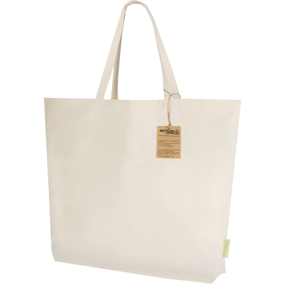 A cream-coloured tote bag with long handles and a label. The bag has a simple, minimalist design.