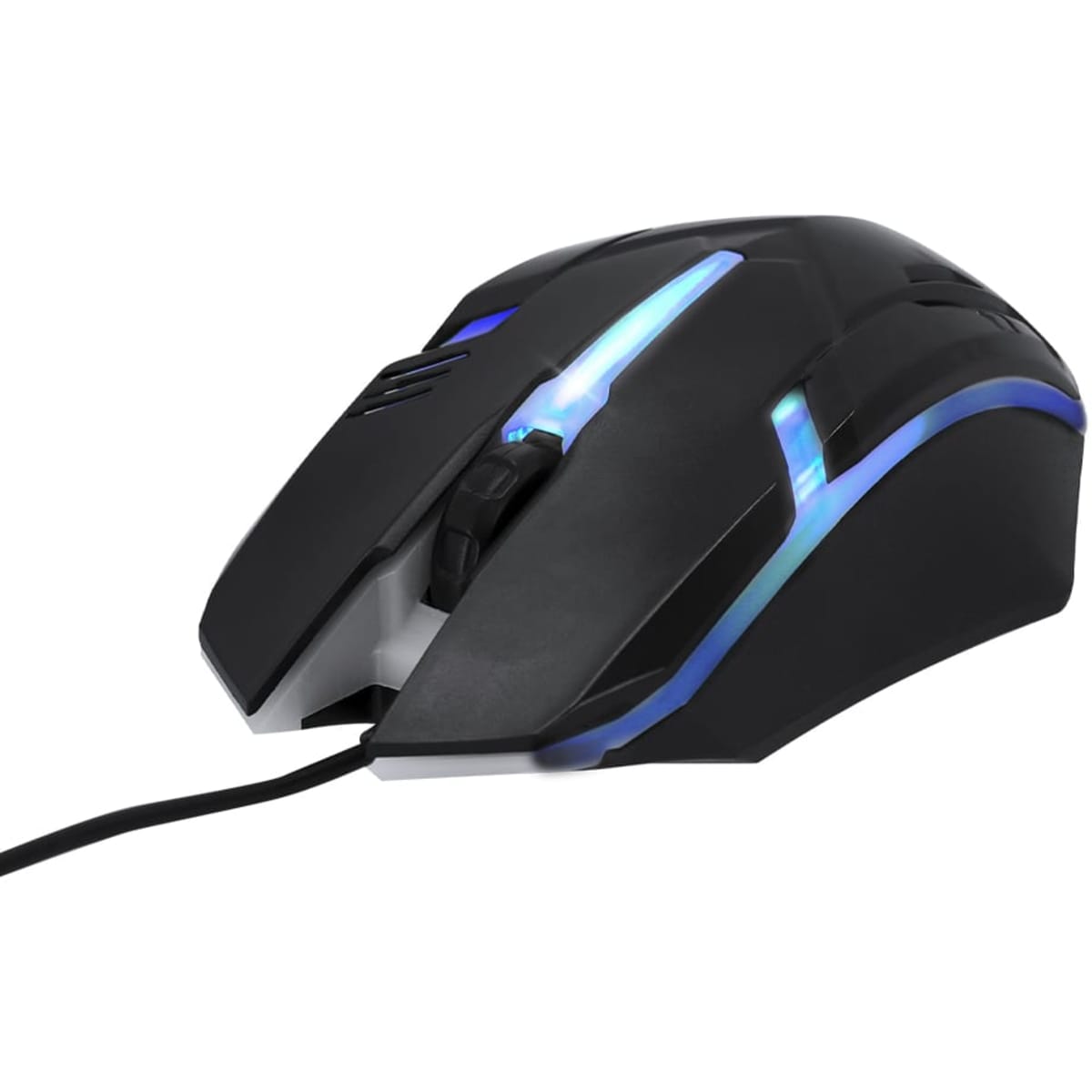 A black gaming mouse with blue and green LED lighting and a braided cable, featuring a sleek design and a logo.