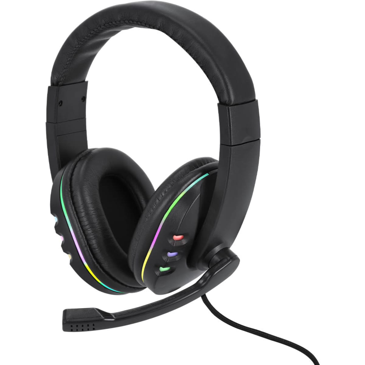 Black headphones with a flexible microphone and multicoloured LED accents. Features adjustable headband and ear cushions.