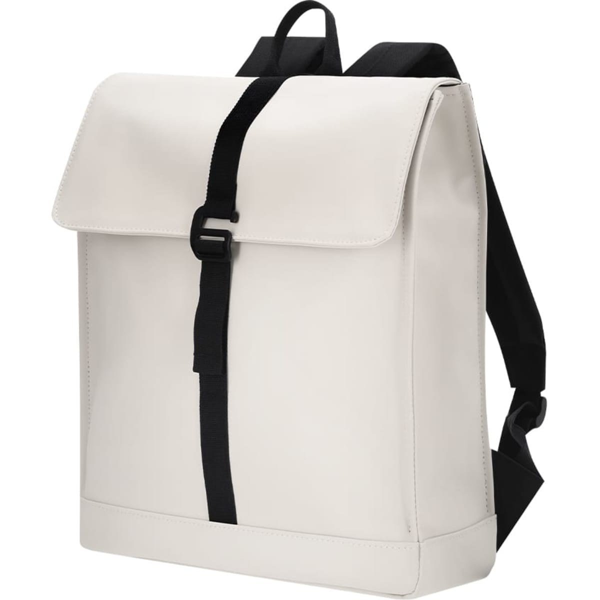 A white backpack with a black strap and back panel, designed with a flap closure and minimalist style.