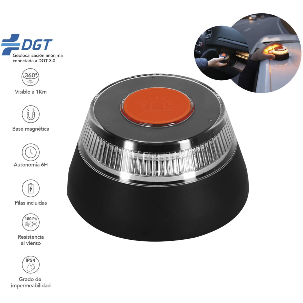 A magnetic emergency light with a black base and an orange button, featuring a 360-degree visibility design.