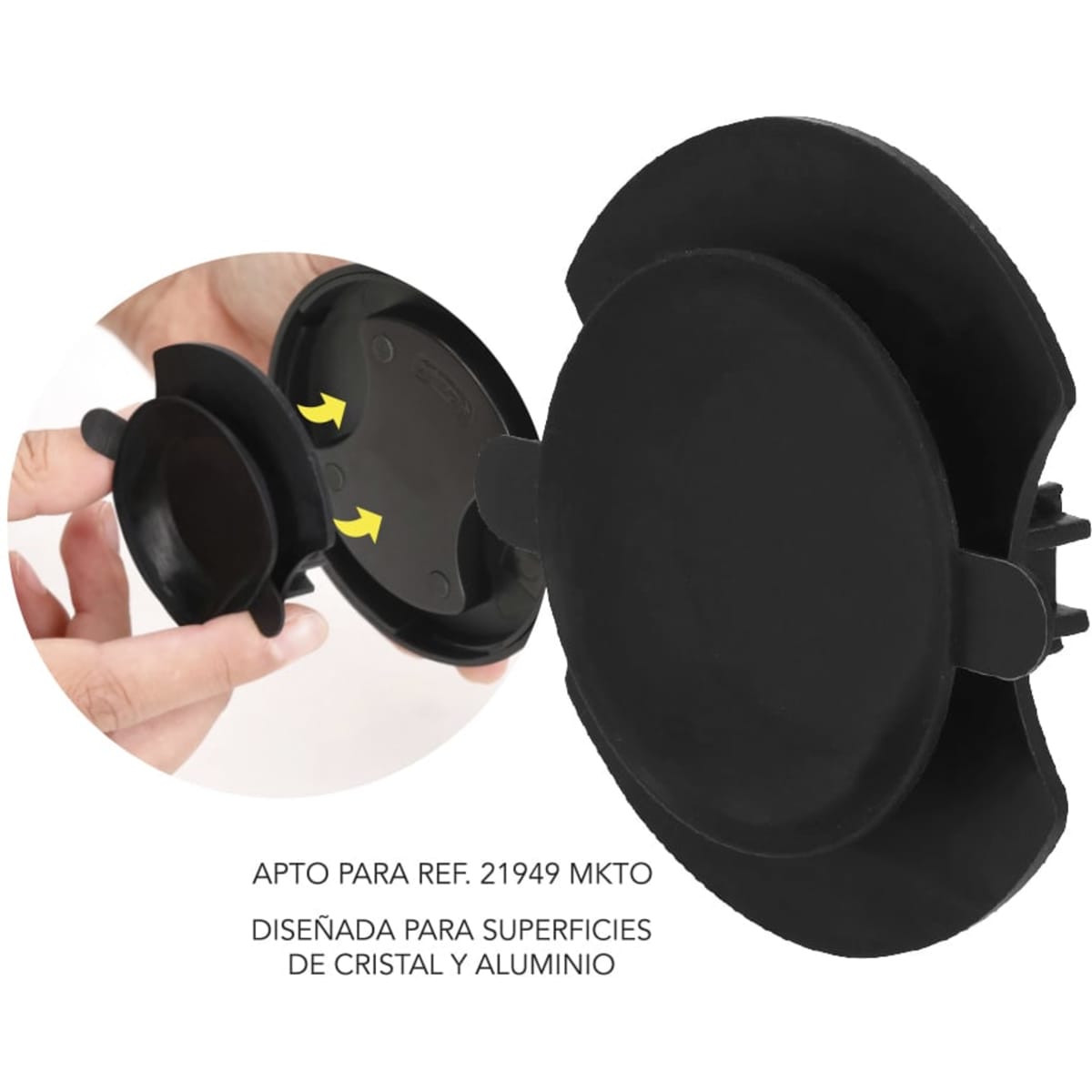 A black suction mount with a dual-clip design for glass and aluminium surfaces. It includes a logo.