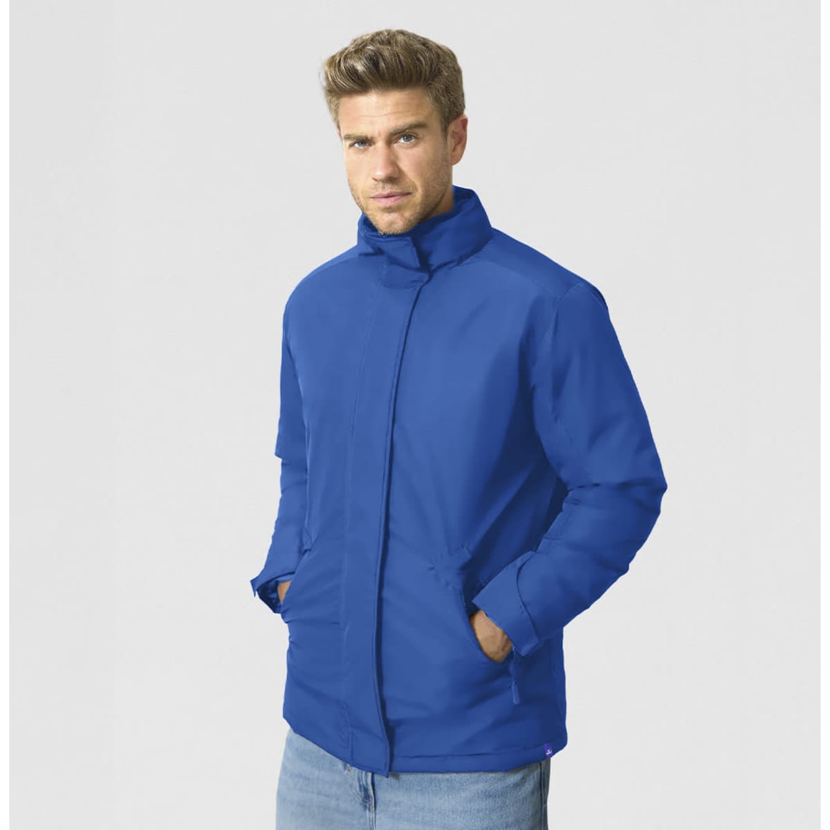 A puffer jacket in bright blue, featuring a high collar and side pockets, with a logo on the chest.