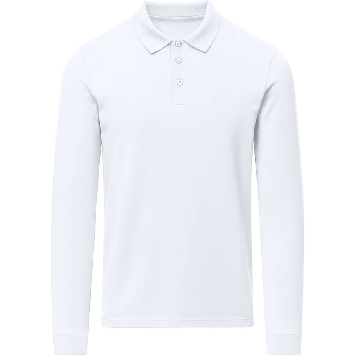 A long-sleeved white polo shirt featuring a collar and three buttons, with a logo on the chest.