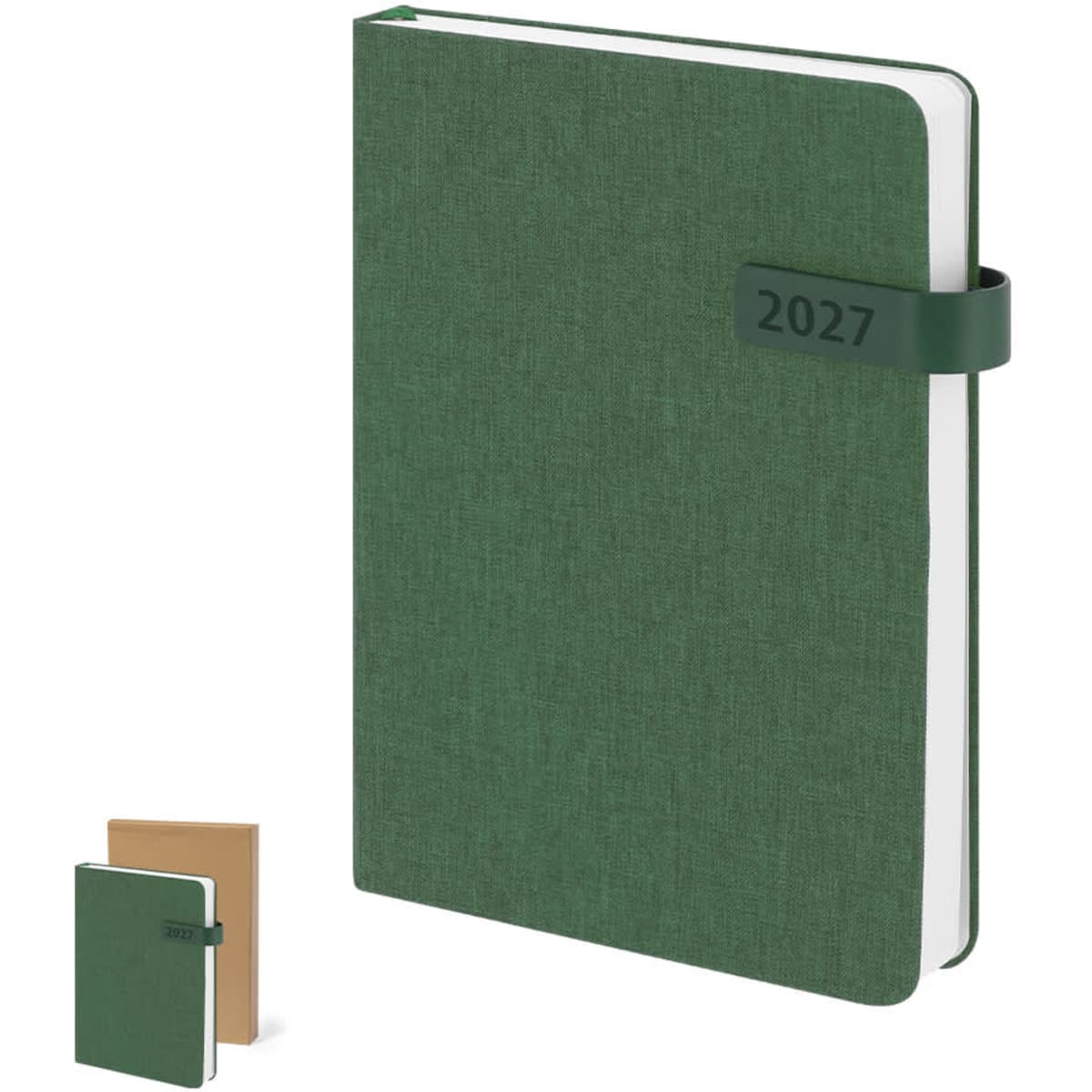 A green diary with a textured cover and an elastic band, alongside a smaller brown notebook.