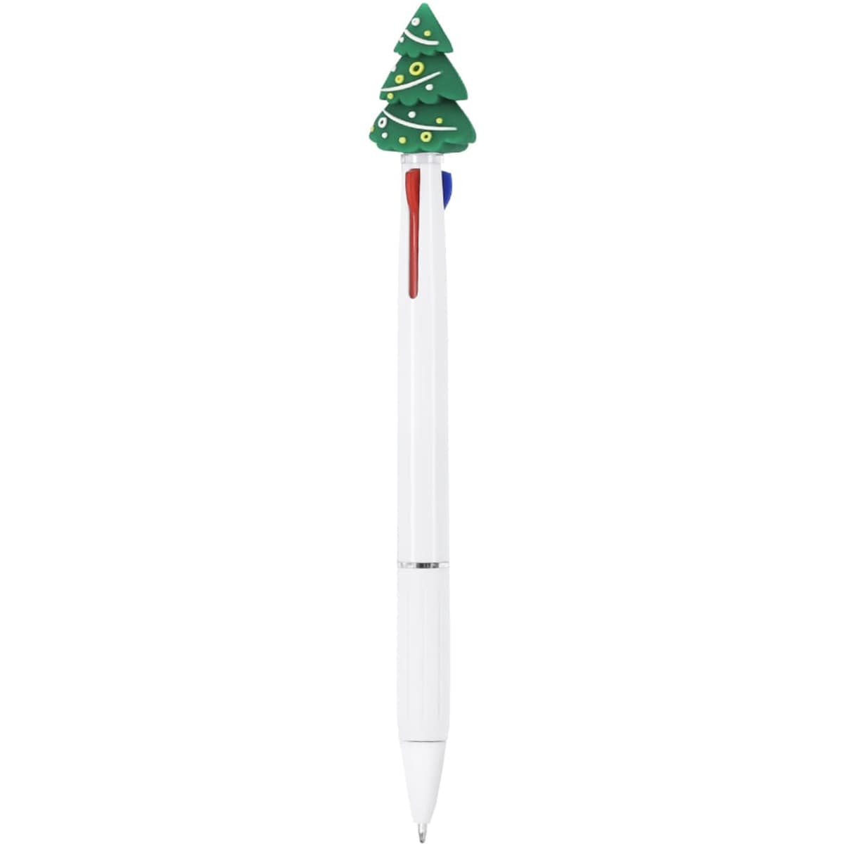 A white pen with a festive green Christmas tree topper, featuring red and blue accents, and a branding logo.