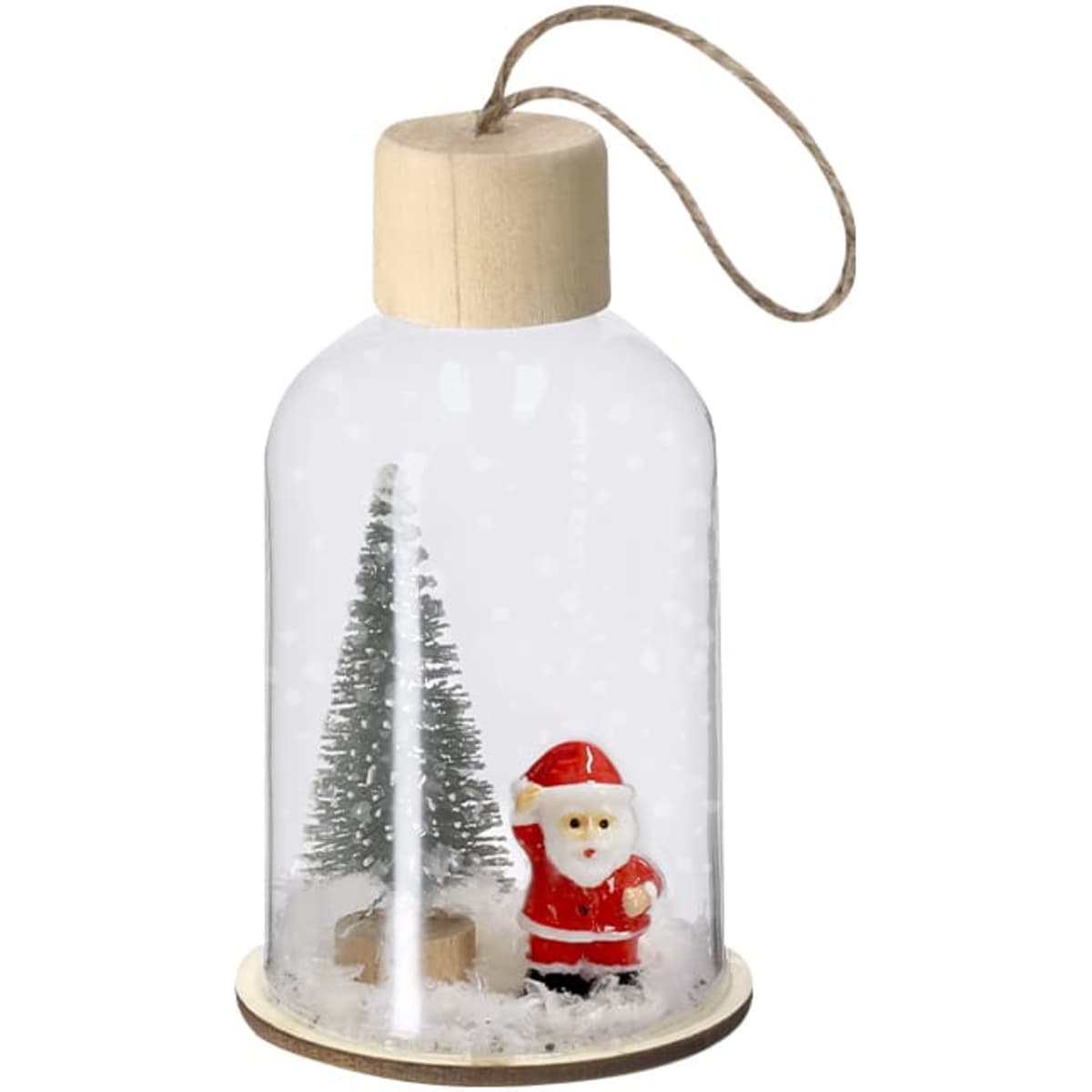 A decorative snow globe featuring a Santa figure and miniature trees, enclosed in a clear dome with a wooden base.