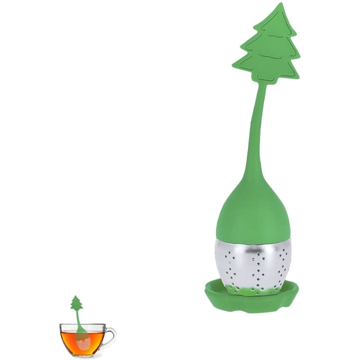 A green tea infuser shaped like a Christmas tree, with a stainless-steel bottom and matching tray.