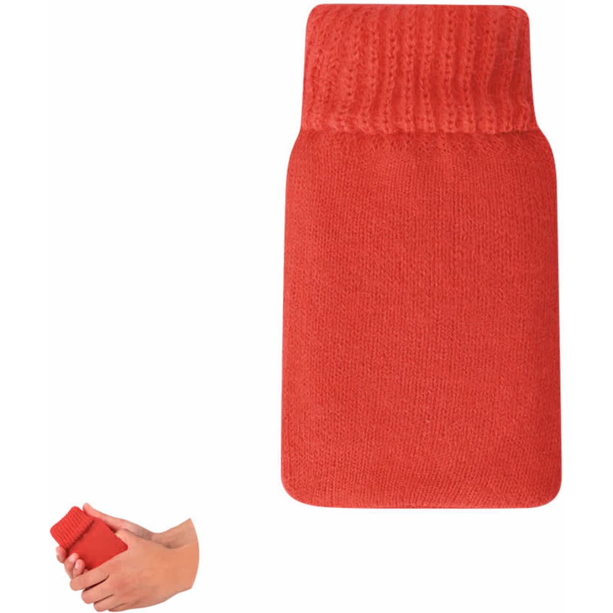 A red hand warmer with a textured sleeve, designed to fit comfortably in the hand.