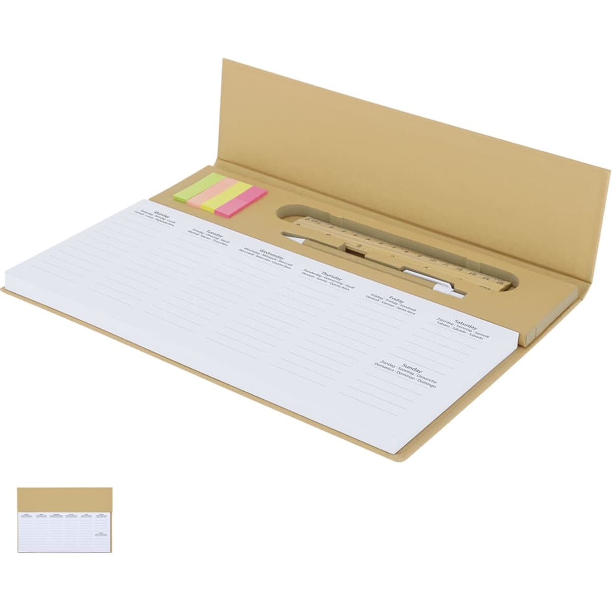 A flat, light brown planner with a white writing surface, a pen, and sticky notes in various colours. It has a logo.
