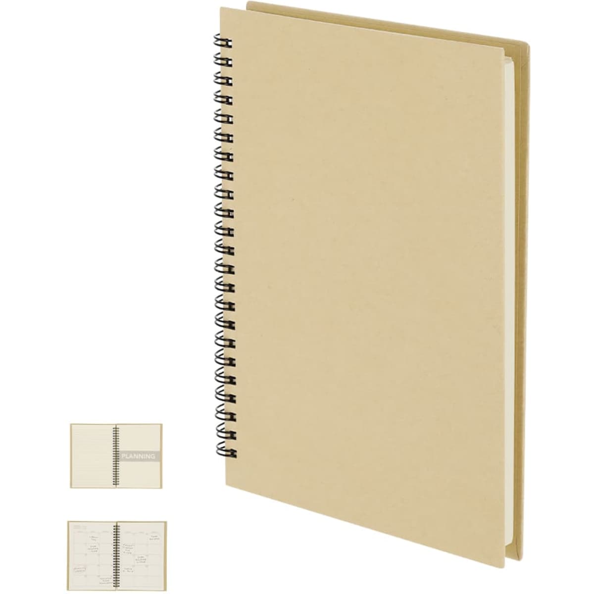 A beige spiral-bound notebook with a plain cover and inner pages displayed at the bottom corners.