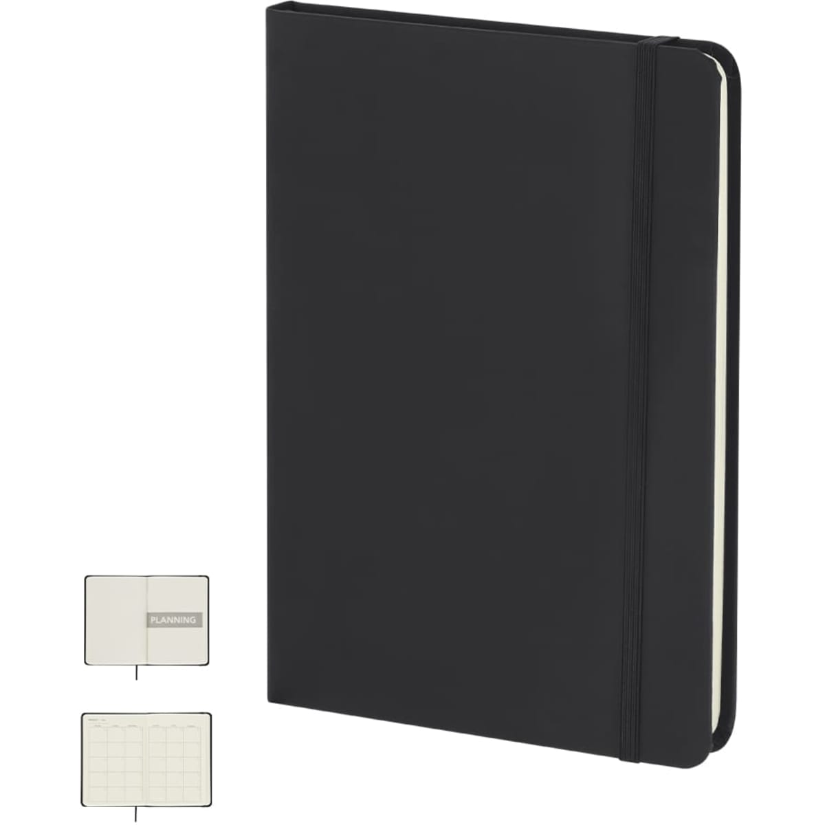 A black notebook with a hard cover and elastic band, featuring blank and grid pages inside.