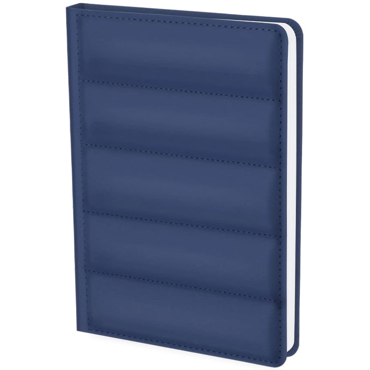 A navy blue notebook with a textured cover and a visible logo, ideal for office use.