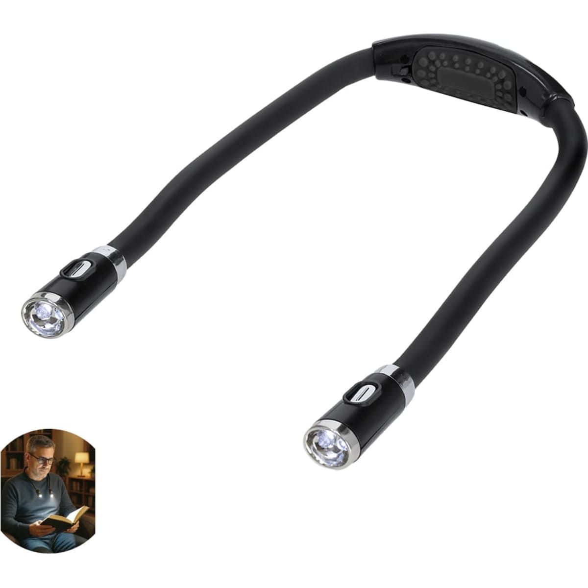 A flexible reading light with two LED heads and a black neck. Features a button for easy operation.