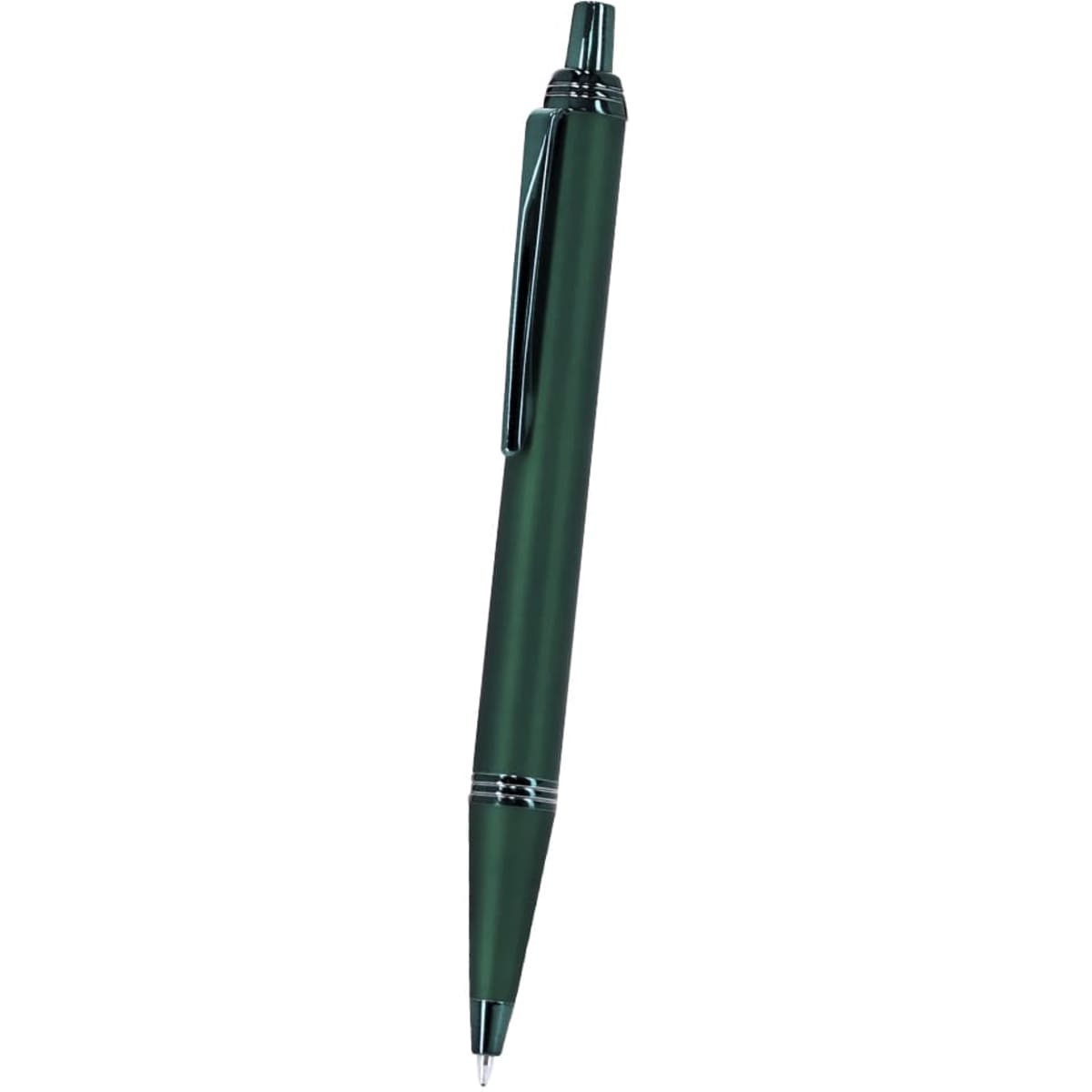 A green metal pen with a sleek design and a clip, featuring a silver accent. It has a branding logo.