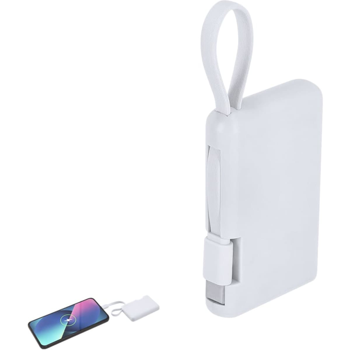 A white power bank designed for charging devices, featuring a handy strap and connector for easy use.
