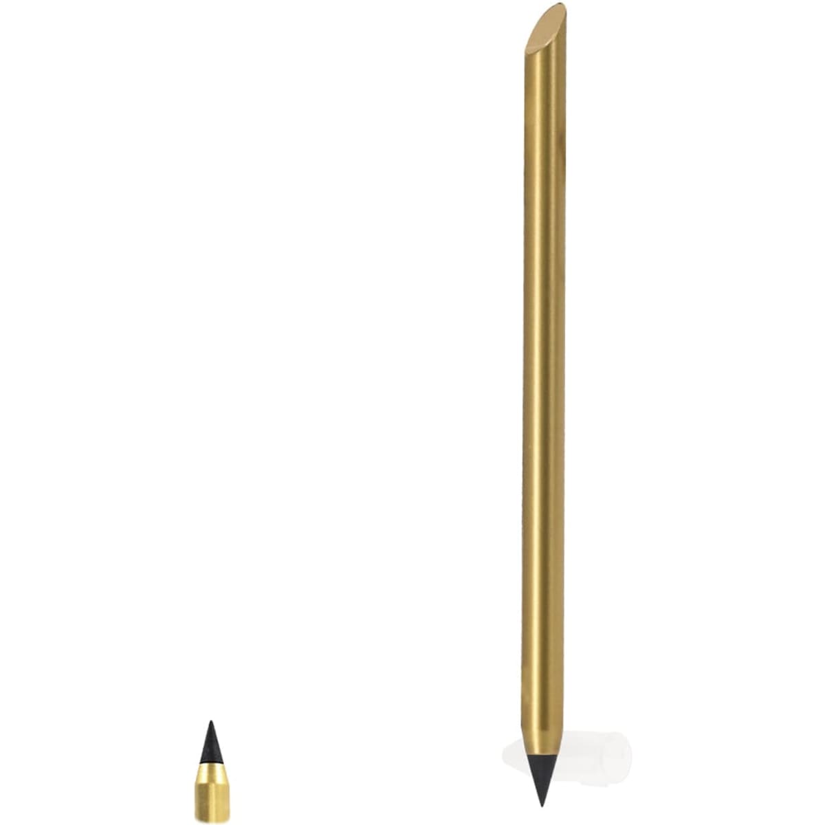 A gold-grey lead pencil with a sharpened tip and a small, unsharpened version beside it.