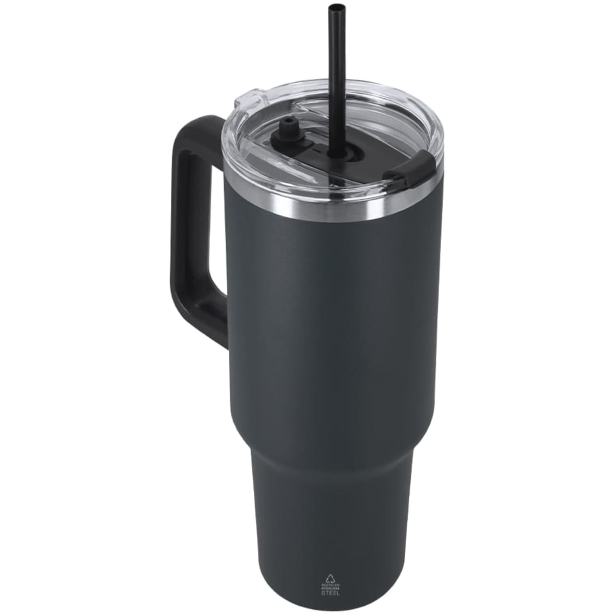 A drink bottle featuring a dark grey insulated mug with a clear lid, a straw, and a handle. It has a logo.