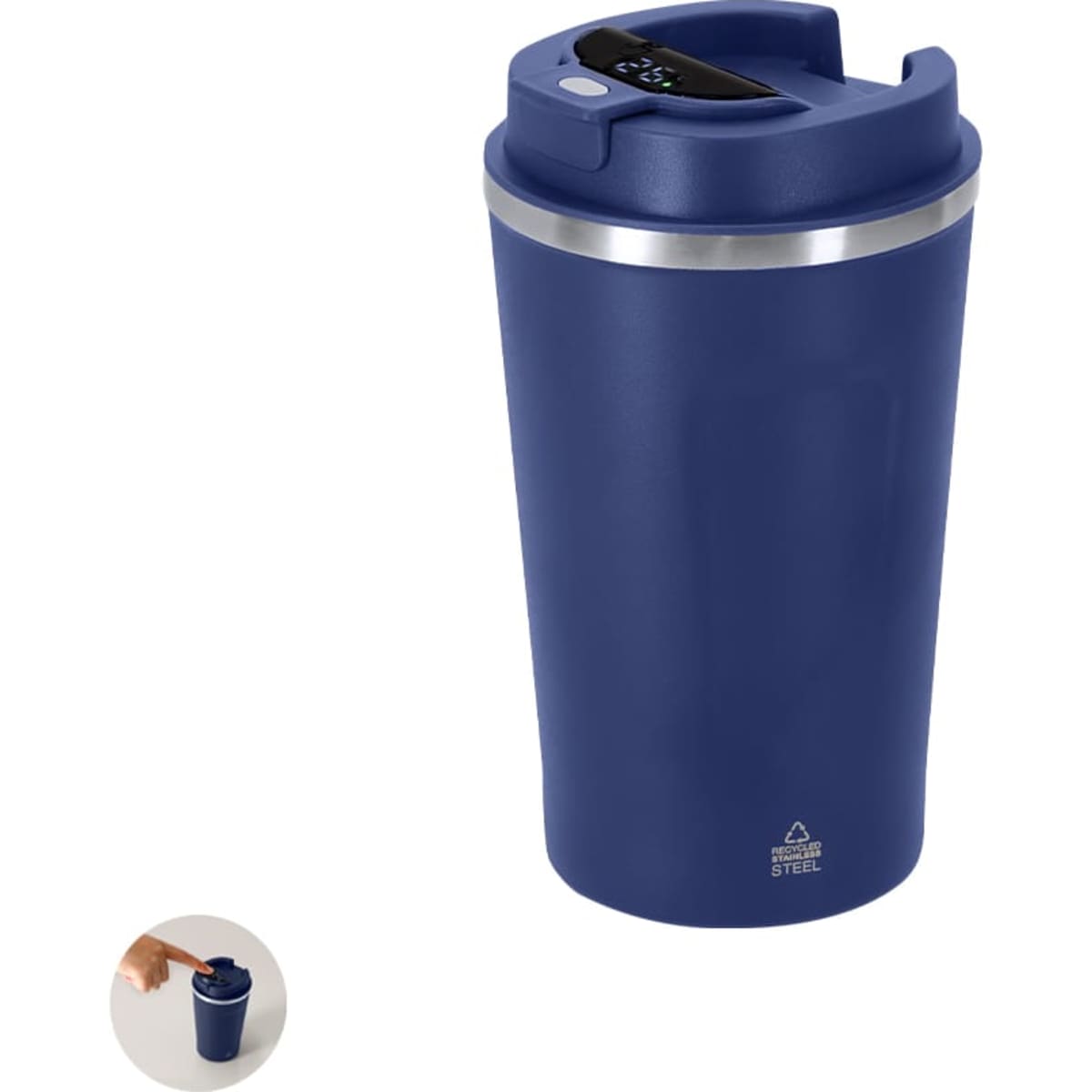 A drink bottle in navy blue with a silver band and a lid featuring a digital display. It has a logo on the front.