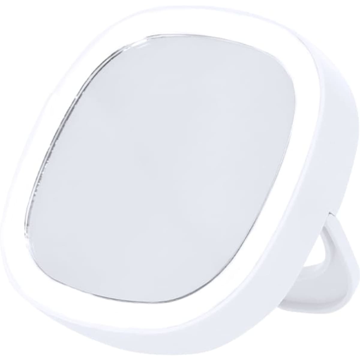 A compact white mirror with a smooth, reflective surface and a built-in stand.