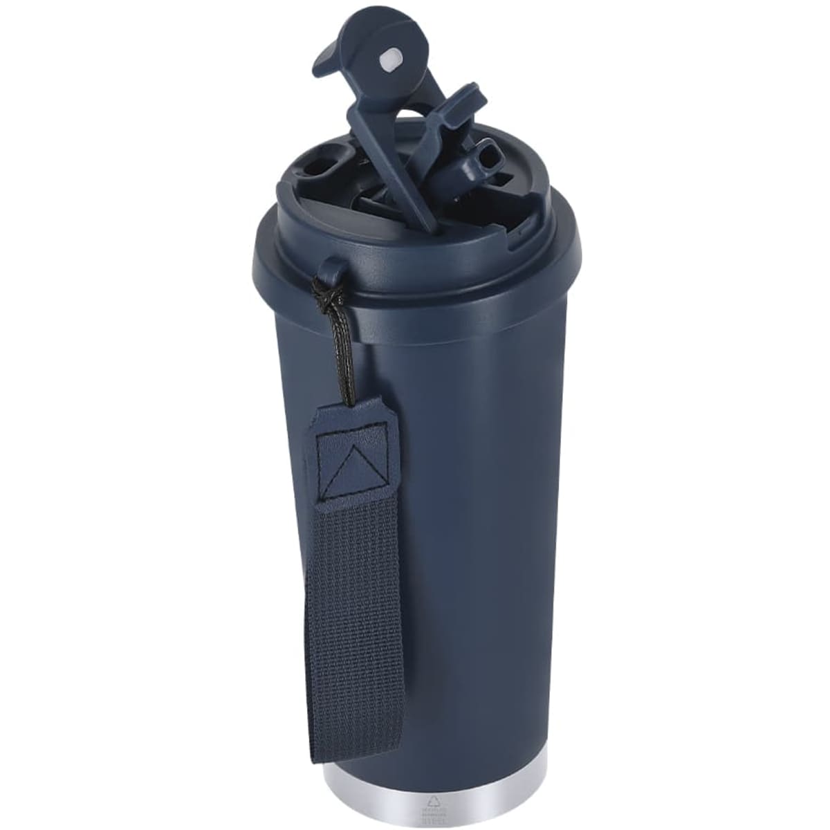 A drink bottle featuring a navy blue exterior, a silver base, and a lid with a built-in handle. It has a logo.