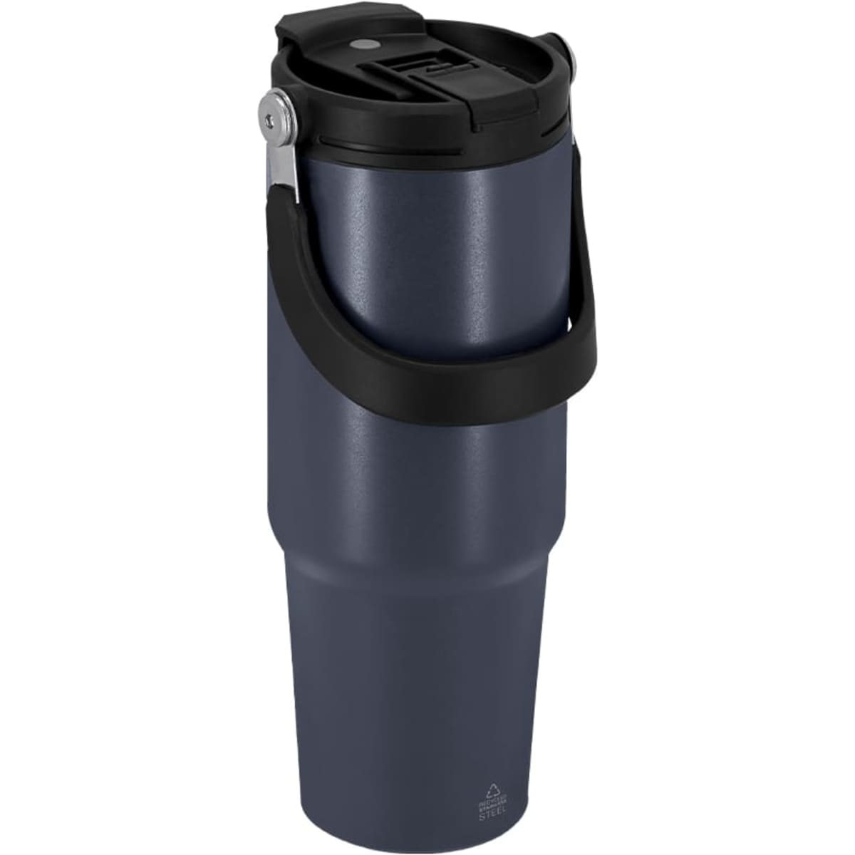 A drink bottle in navy blue with a black handle and a secure lid. It features a logo on the body.