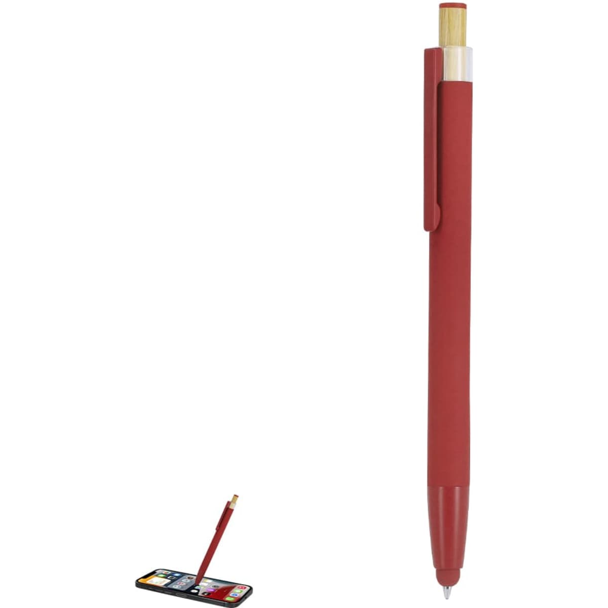 A red ballpoint pen with a stylus tip and a clip, featuring a simple design and a logo.