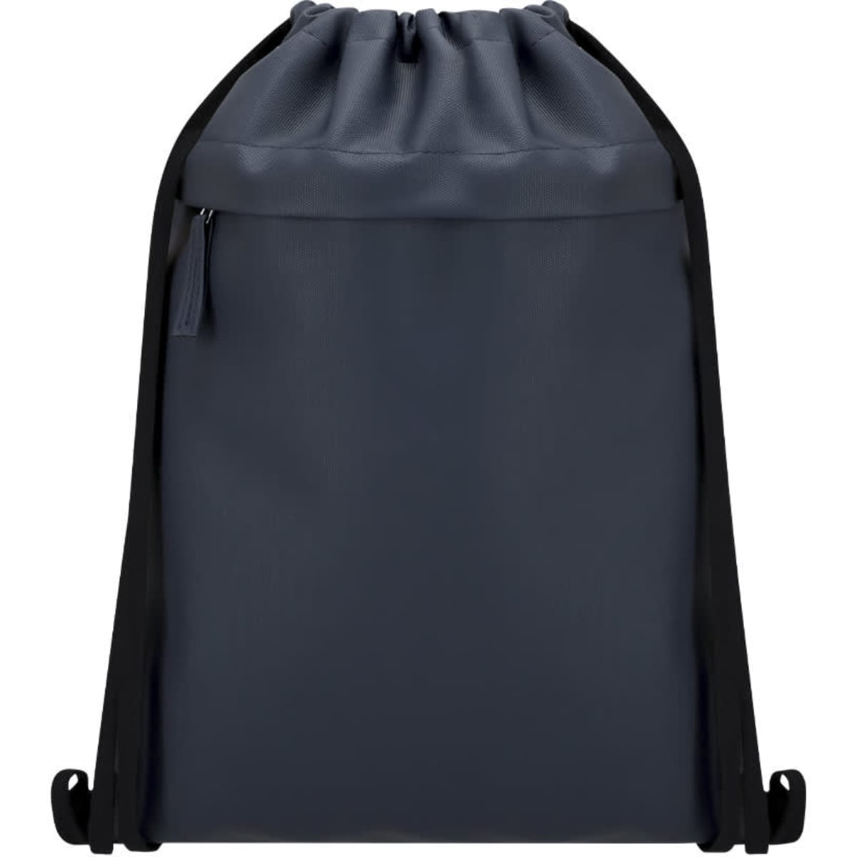 A drawstring backpack in navy blue, featuring a front zipper pocket and a logo on the surface.
