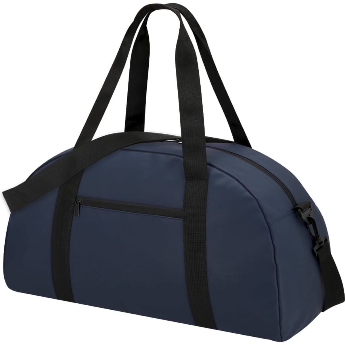 A navy blue tote bag with black straps and a zippered pocket, featuring a branding logo.