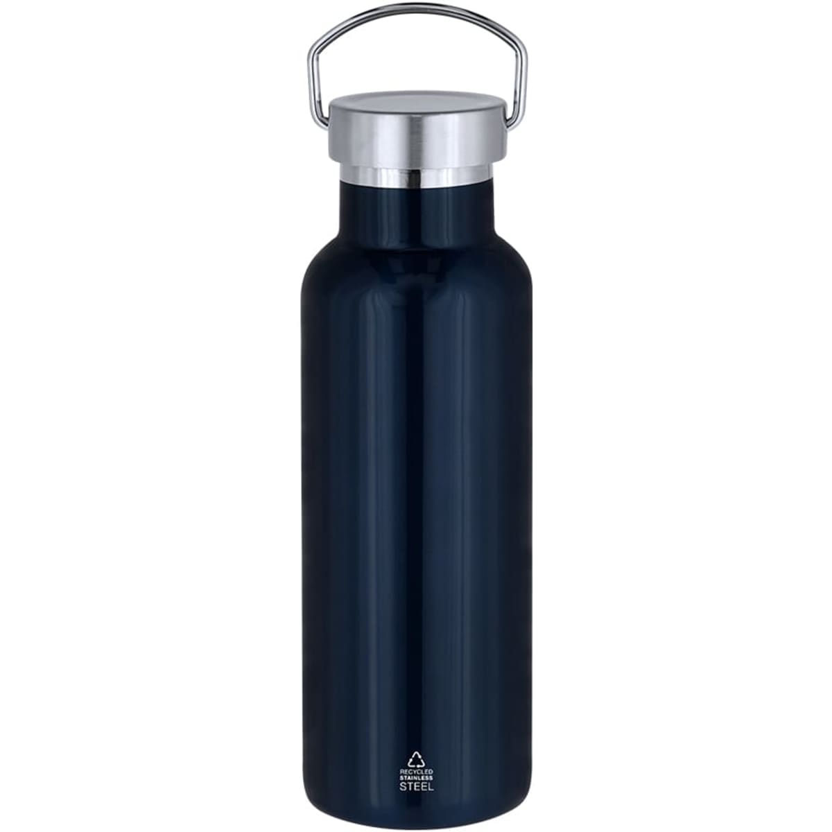 A navy insulated drink bottle with a stainless steel cap and a handle, featuring a logo.