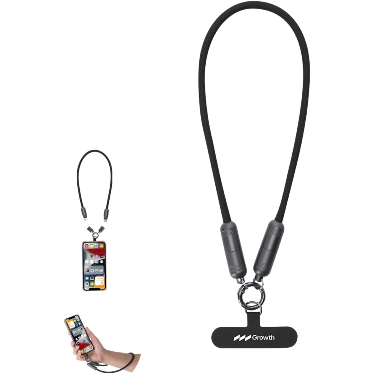A flexible black charging cable with attached clips, designed for connecting devices. Features a branding logo.