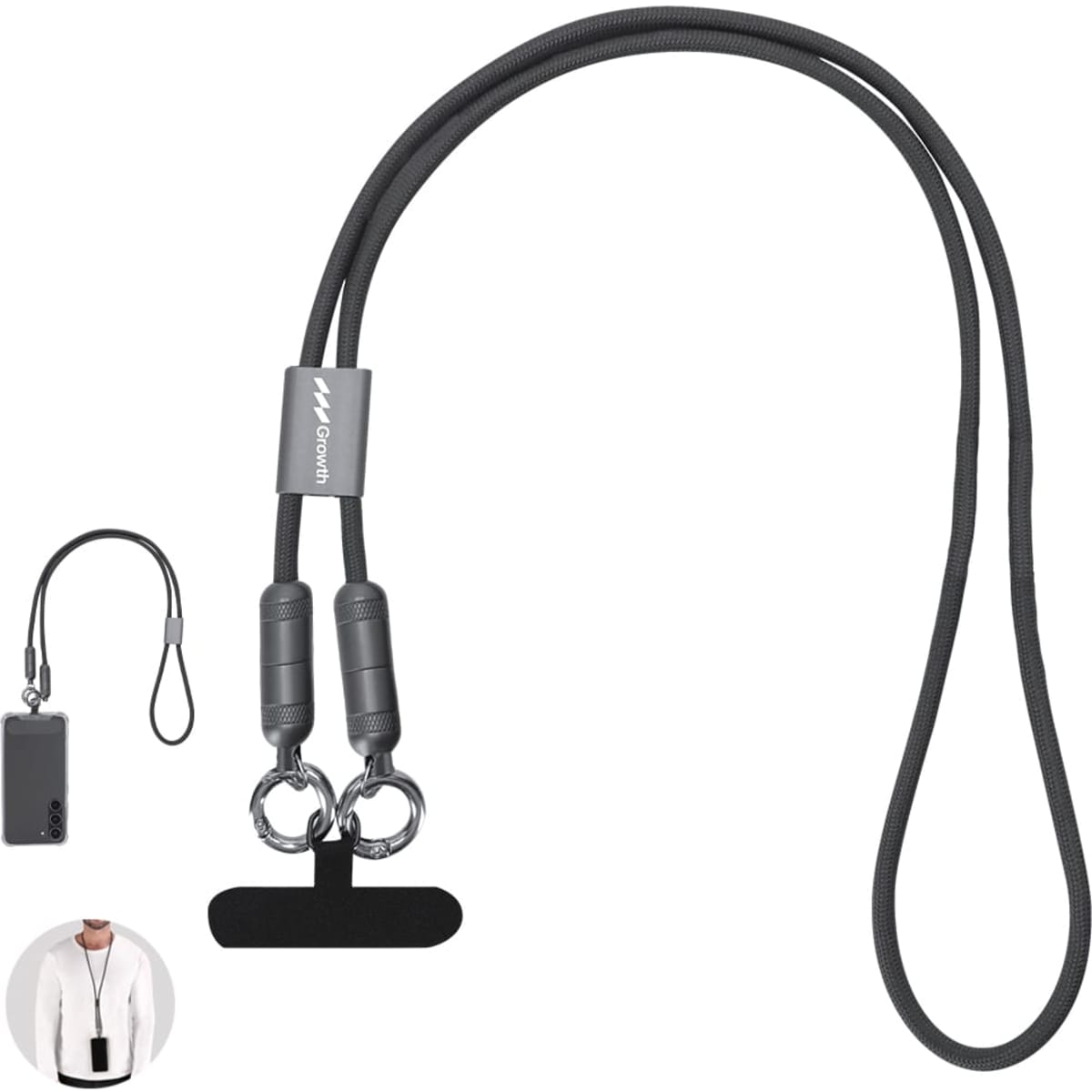 A black phone lanyard with metal clips and an adjustable neck strap. It has a branding logo on it.