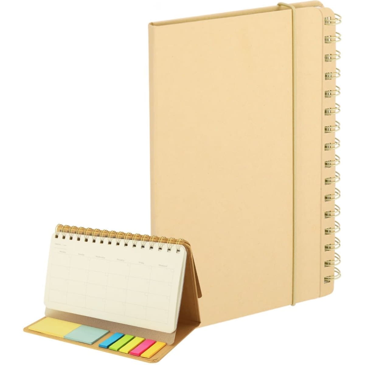A beige Gambel Notebook with a spiral binding and a smaller calendar section. It includes colourful sticky notes.
