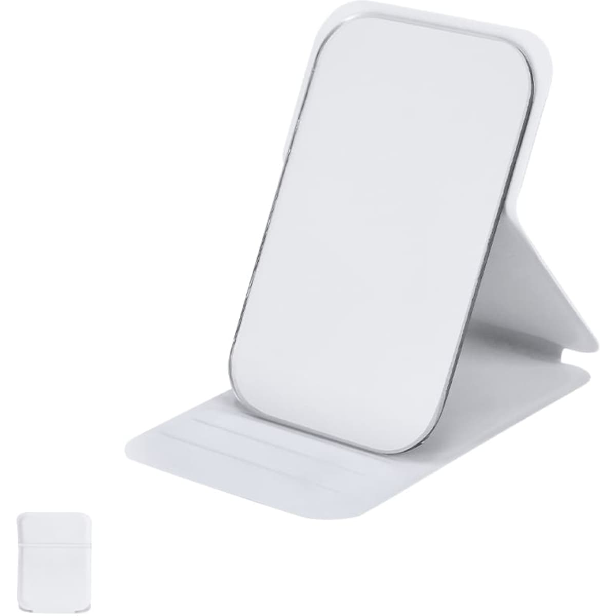 A compact white mirror with a stand, featuring a glossy finish and a slim design.