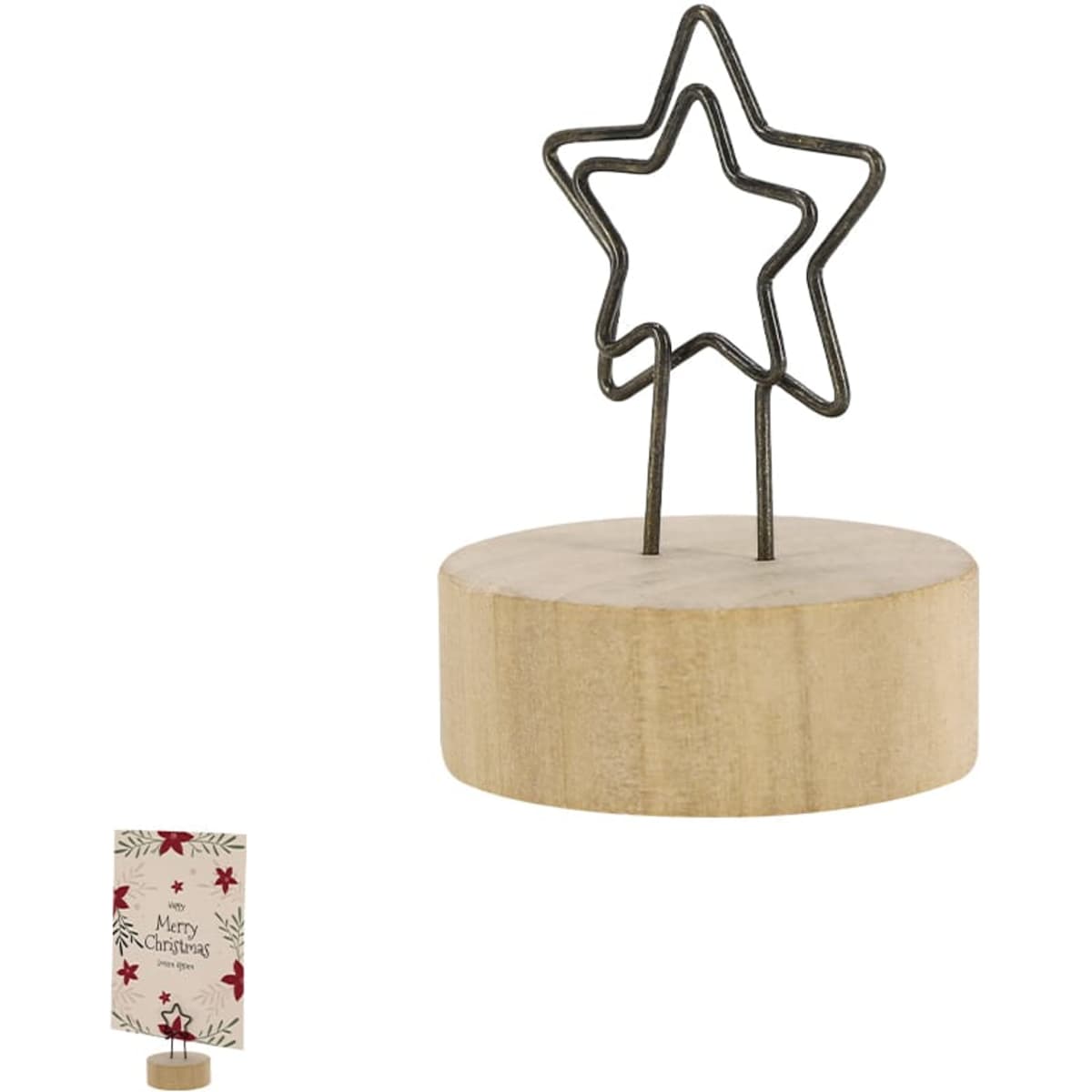 A wooden base with a metal star clip for holding notes or cards, featuring a festive design on a card.