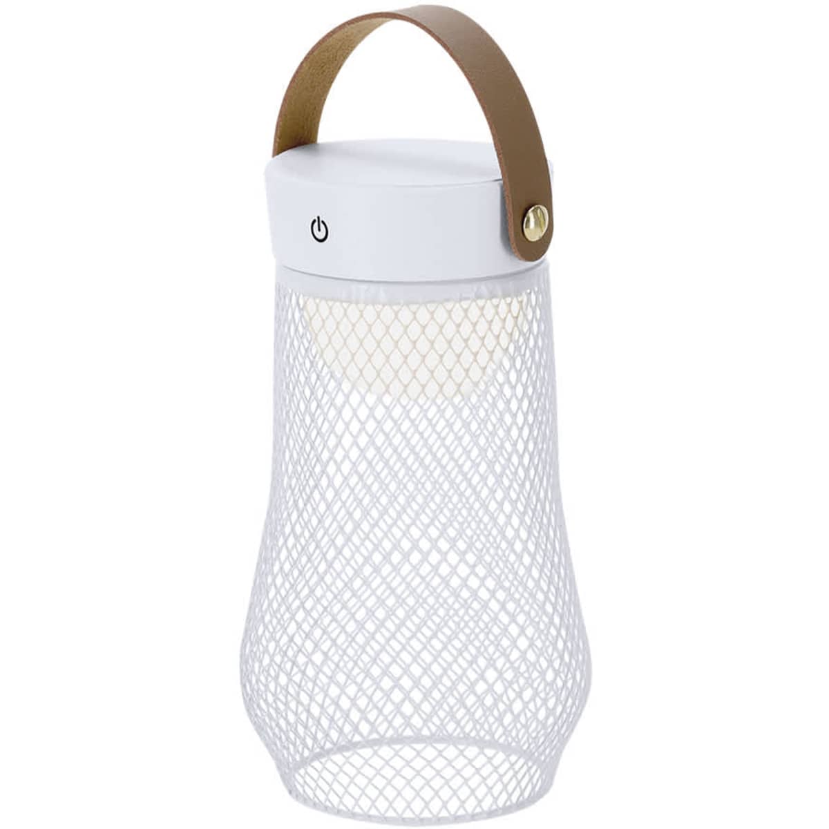A mesh lantern with a white body and brown handle, featuring a light source inside. It has an on/off button.