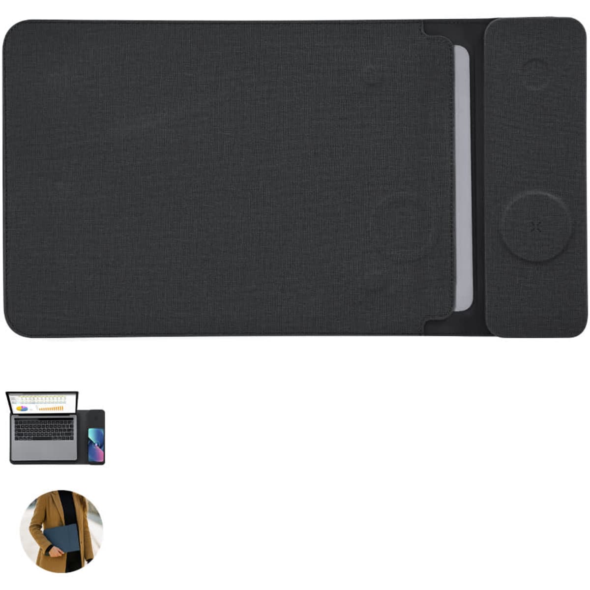 A black laptop pouch with a sleek design and a front pocket, featuring a logo. Ideal for protecting devices.