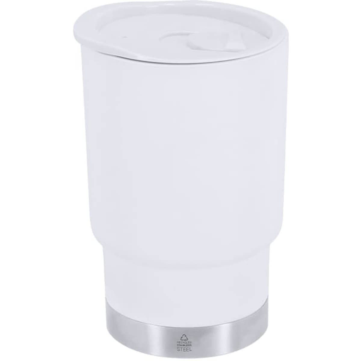 A drink bottle in white with a stainless steel base and a lid, suitable for travel and insulated.