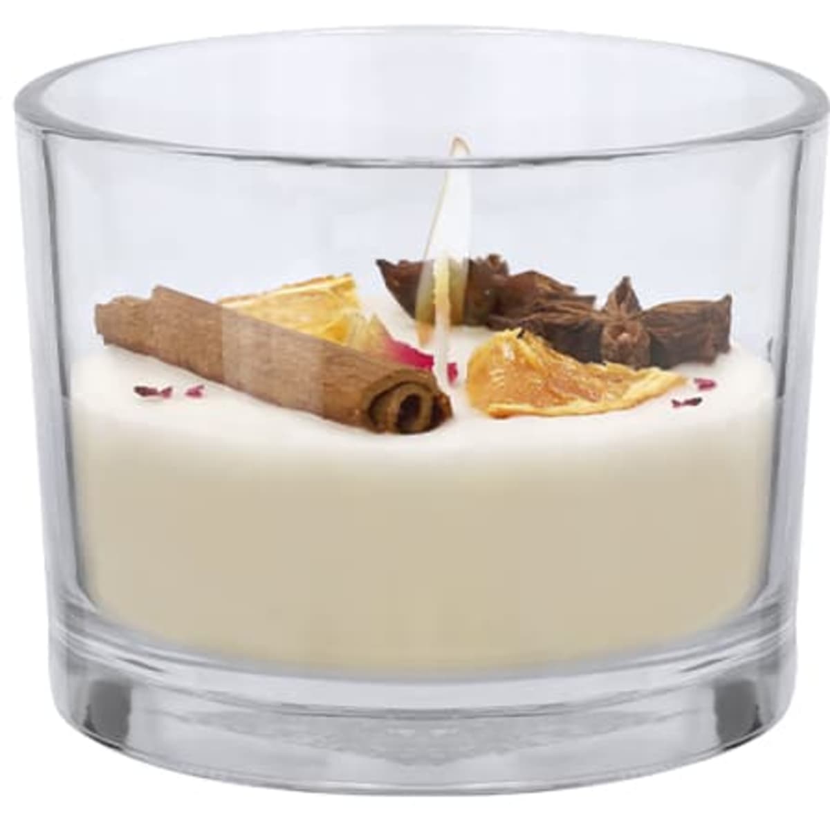 A glass candle featuring a creamy white wax base, decorated with dried flowers, cinnamon sticks, and cloves.
