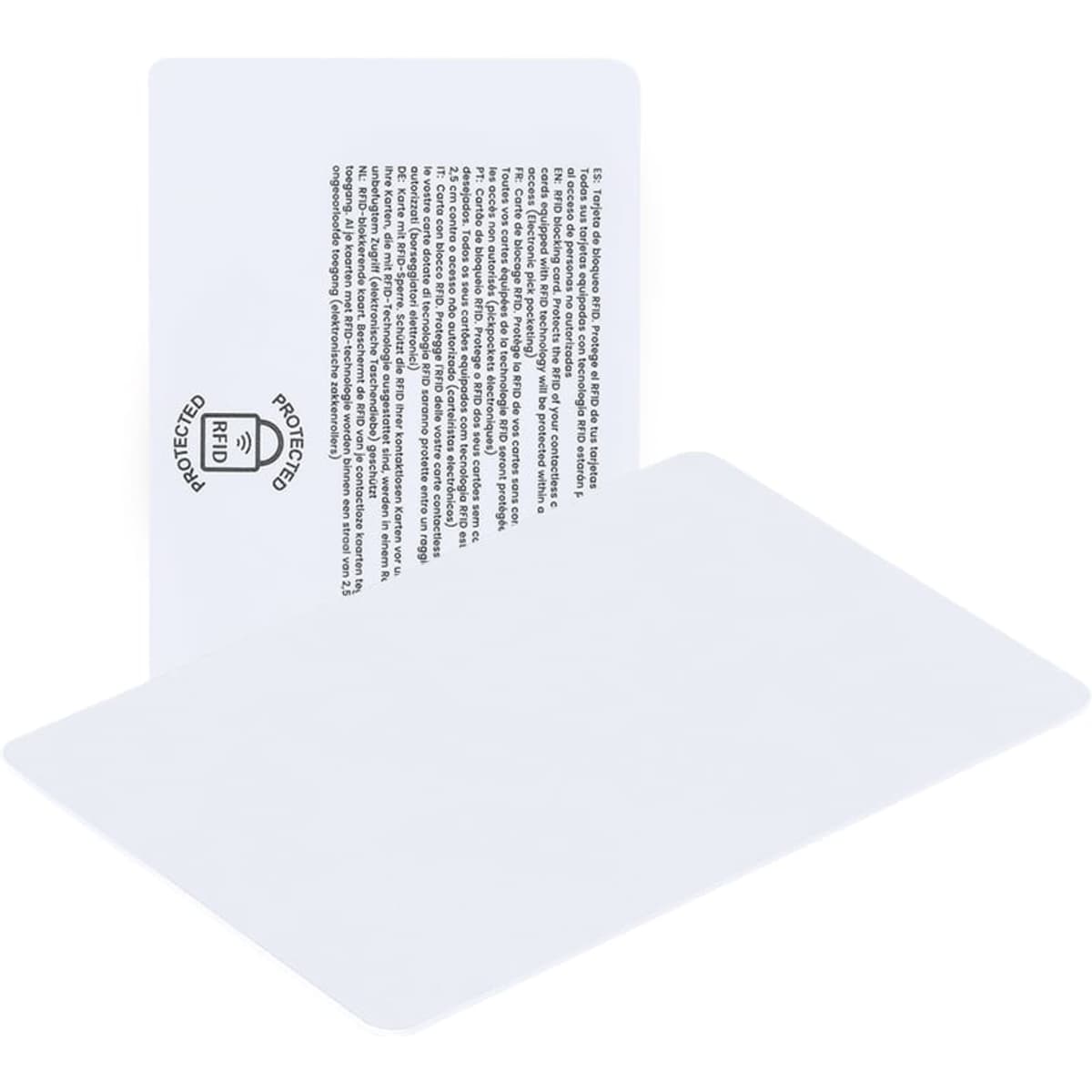 A white credit card protector with a plain front and informational text on the back, featuring a logo.