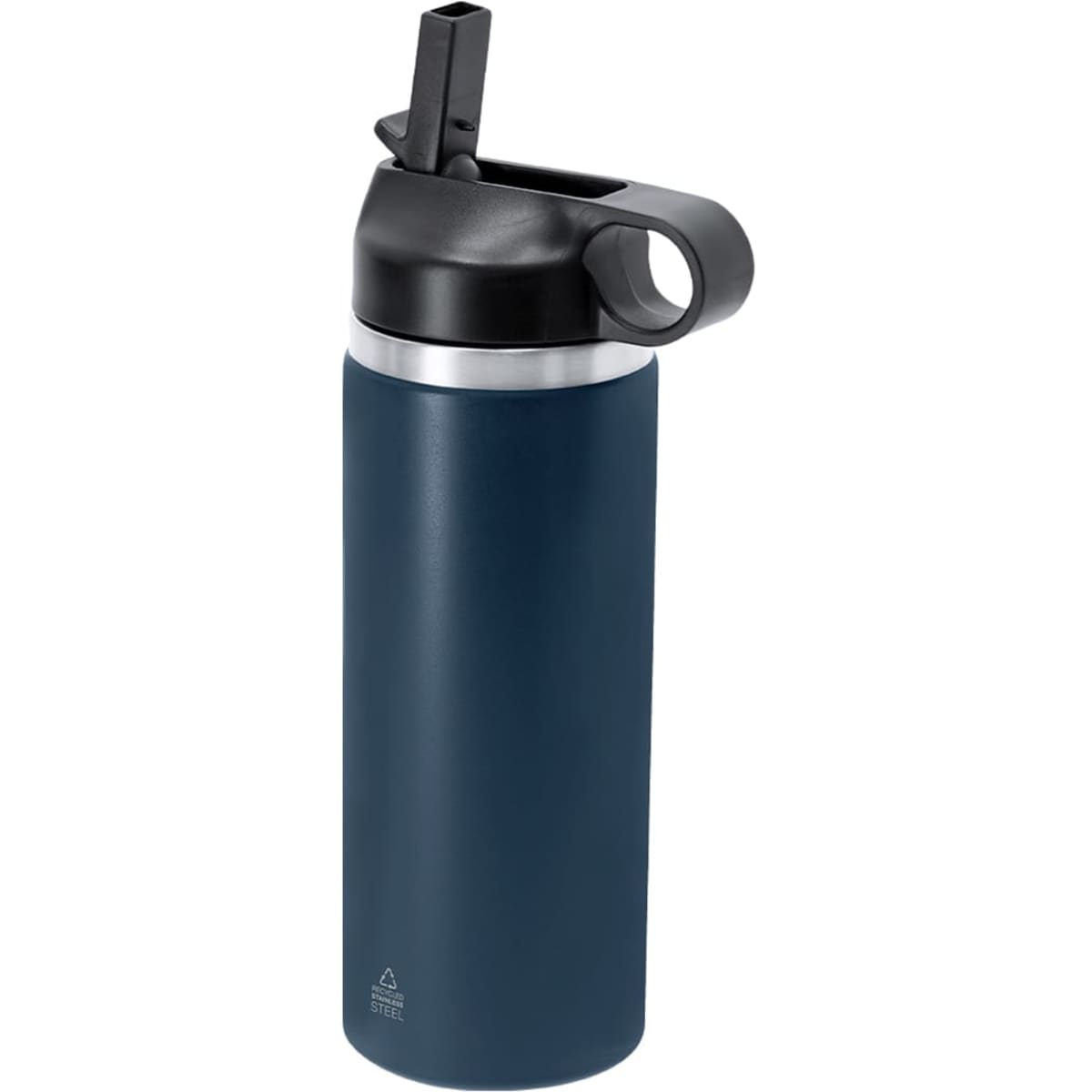 A drink bottle in navy blue with a black lid and a built-in spout, featuring a logo.