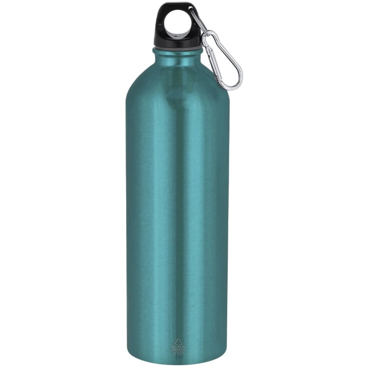 A drink bottle in a vibrant teal colour with a silver carabiner and a black lid, featuring a logo.