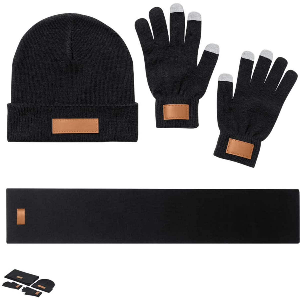 A black beanie, black gloves with touch tips, and a black scarf, featuring a logo patch.